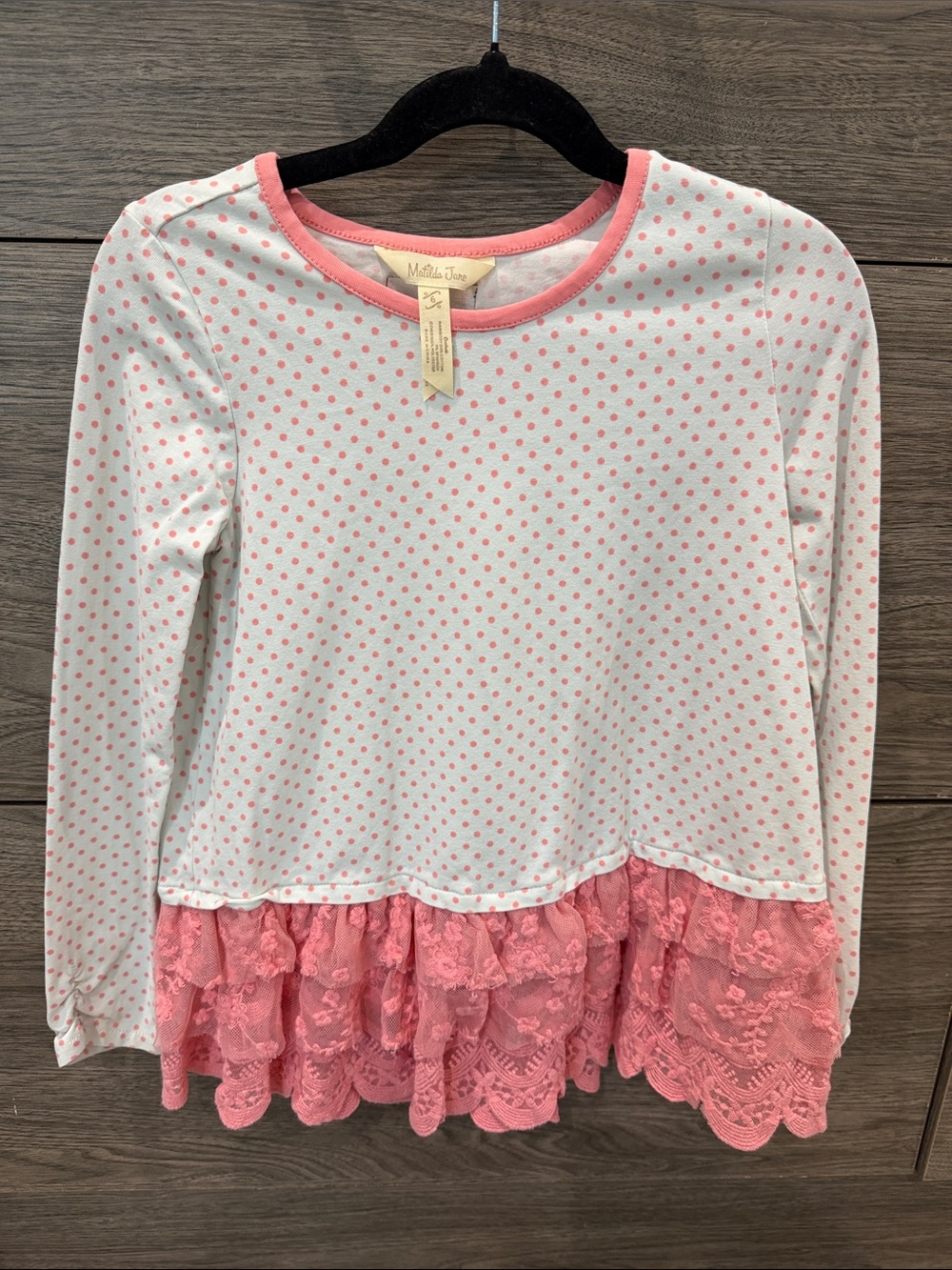 Matilda Jane White Long-Sleeve Top with Pink Polka Dots and Pink Lace Ruffle